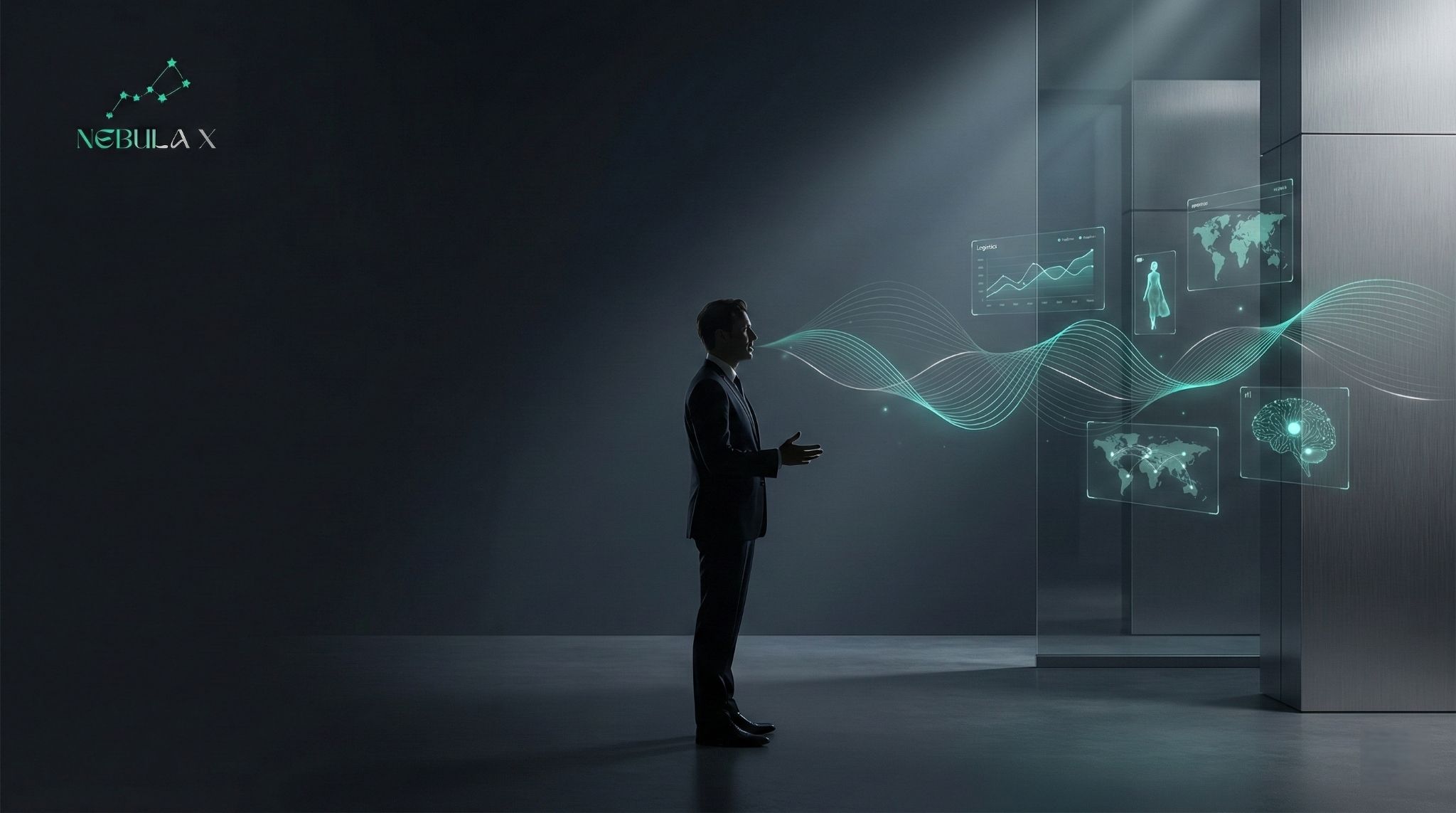 Cinematic hero image of an executive speaking into open space, generating elegant cyan holographic interfaces of global data and AI. Set in a dark, minimalist environment with the Nebula X logo in the top left.