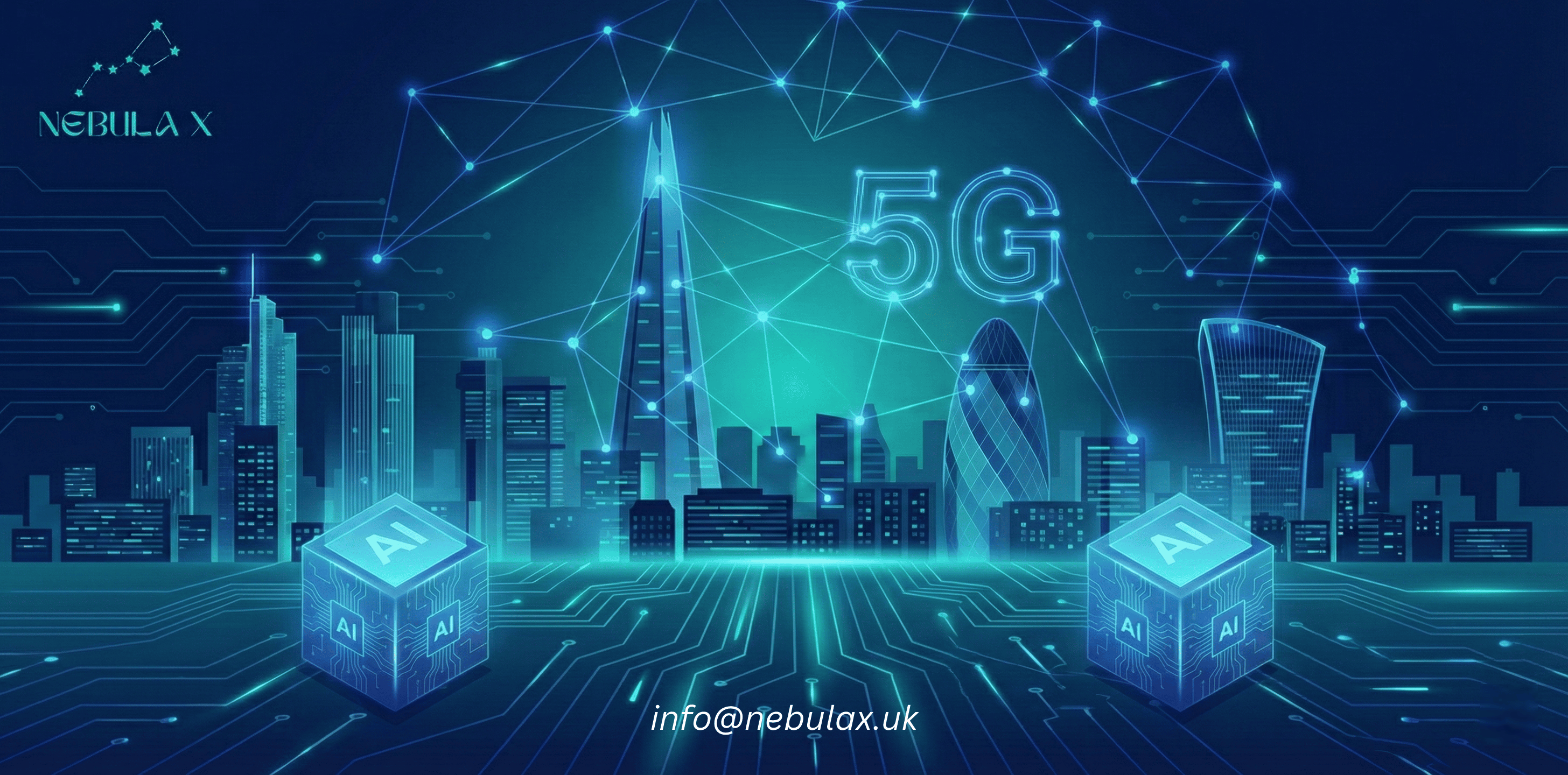 Futuristic London skyline with 5G network connections, AI data cubes, and digital circuit lines representing edge computing, real-time data processing, and AI-powered infrastructure for UK startups, branded with Nebula X