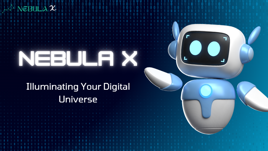 Illustration showcasing Nebula X’s digital services, including blockchain development, web design, mobile app development, and digital marketing solutions, empowering businesses to thrive in the digital era