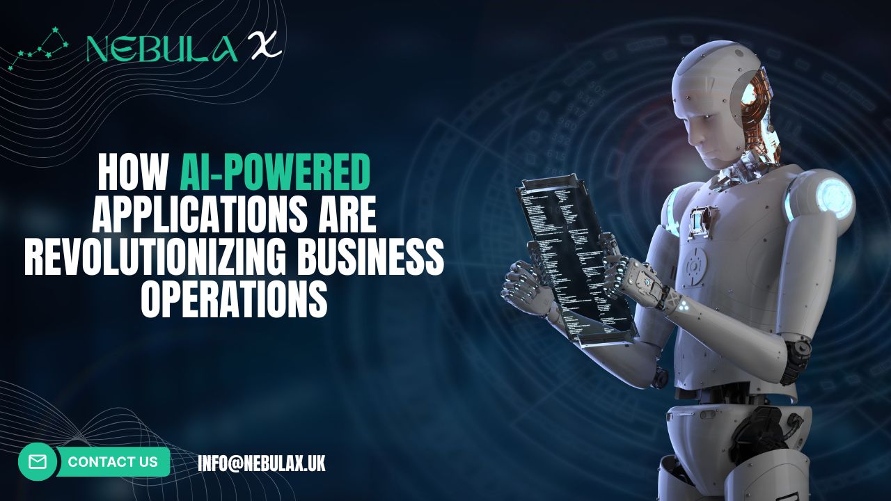 "How AI-Powered Applications Are Revolutionizing Business Operations"  It aligns visually with the tech-forward tone and emphasizes the futuristic, data-driven nature of AI. You can now upload it as the featured image for the blog post on your website to boost click-through and engagement.