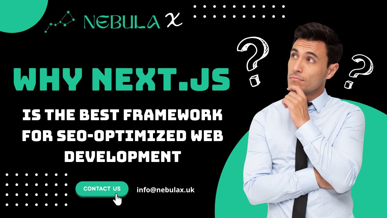 Man in business attire thinking with question marks around him, beside headline text: Why Next.js is the best framework for SEO-optimized web development — Nebula X branding and contact button included