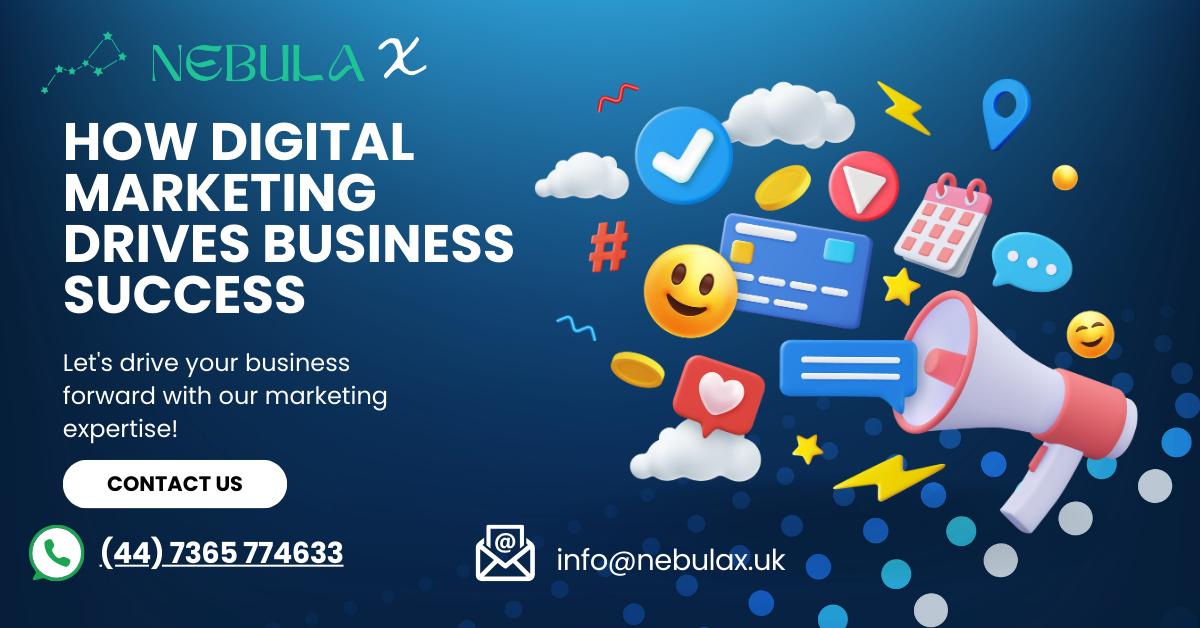 Digital marketing promotional image for Nebula X. The headline reads 'How Digital Marketing Drives Business Success' in large white text. Below is a tagline, 'Let's drive your business forward with our marketing expertise!' A 'Contact Us' button is displayed in a white oval shape. The image also features contact information, including a WhatsApp icon with the phone number (+44) 7365 774633 and an email icon with the address info@nebulax.uk. On the right side, colorful 3D icons like a megaphone, chat bubble, heart, star, calendar, and more represent various digital marketing elements against a gradient blue background with dotted patterns.